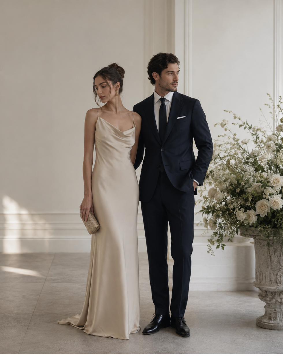 Couple dressed for a luxury wedding